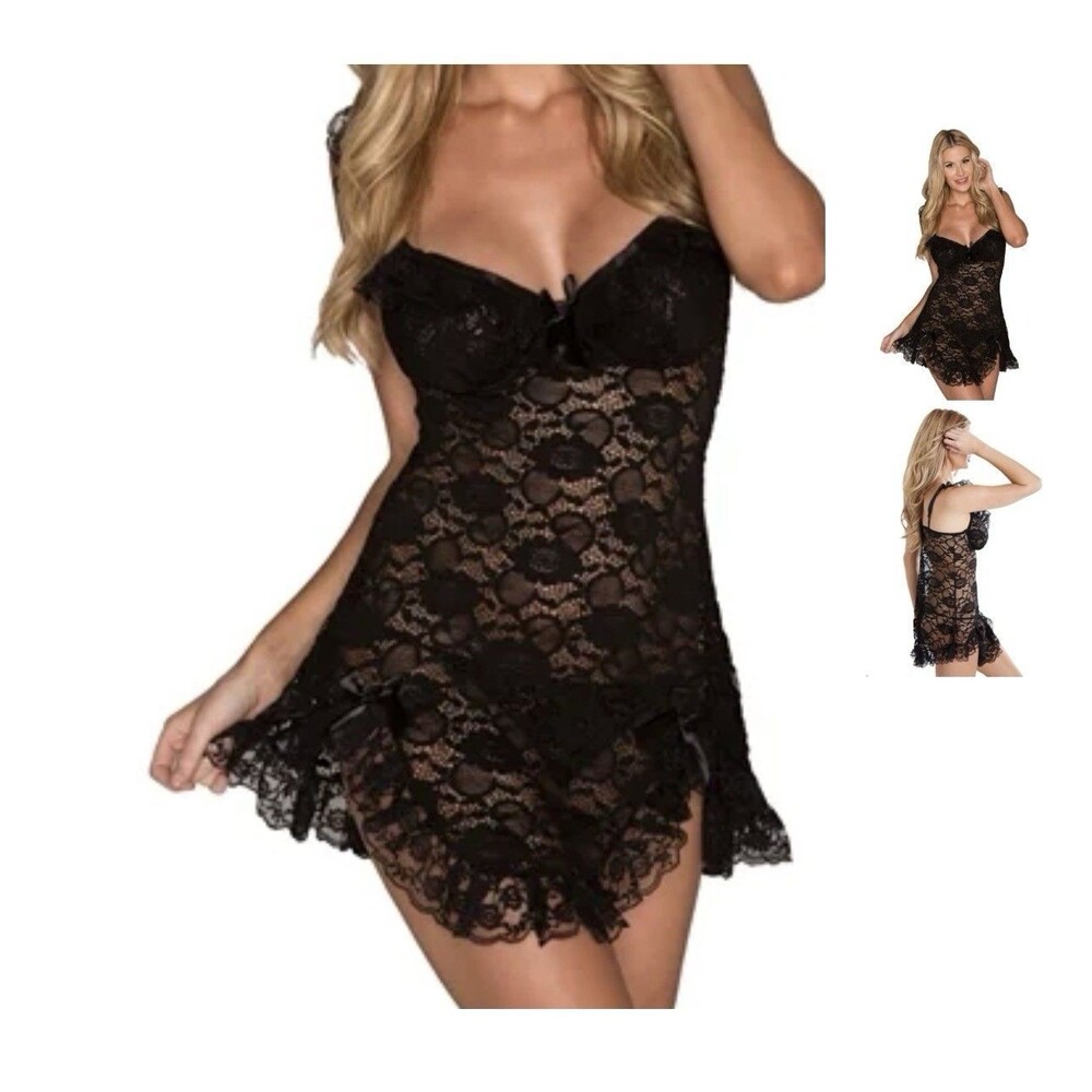 Women's Stretch Lace Babydoll Just Sexy Lingerie Black Size L NEW Sleepwear